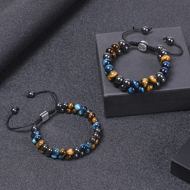 Blue Tiger Eye Stone Black Magnet Bracelet Double Layer Handmade