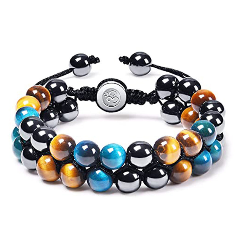 Blue Tiger Eye Stone Black Magnet Bracelet Double Layer Handmade